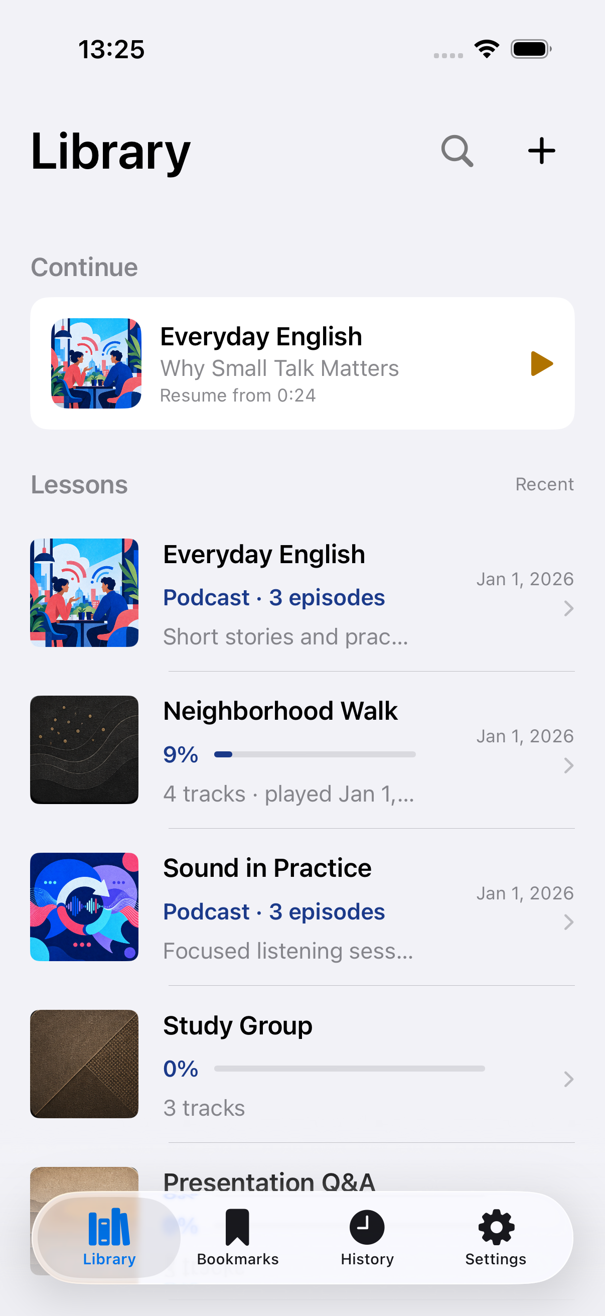 音声教材やPodcastを開けるRehearのライブラリ画面